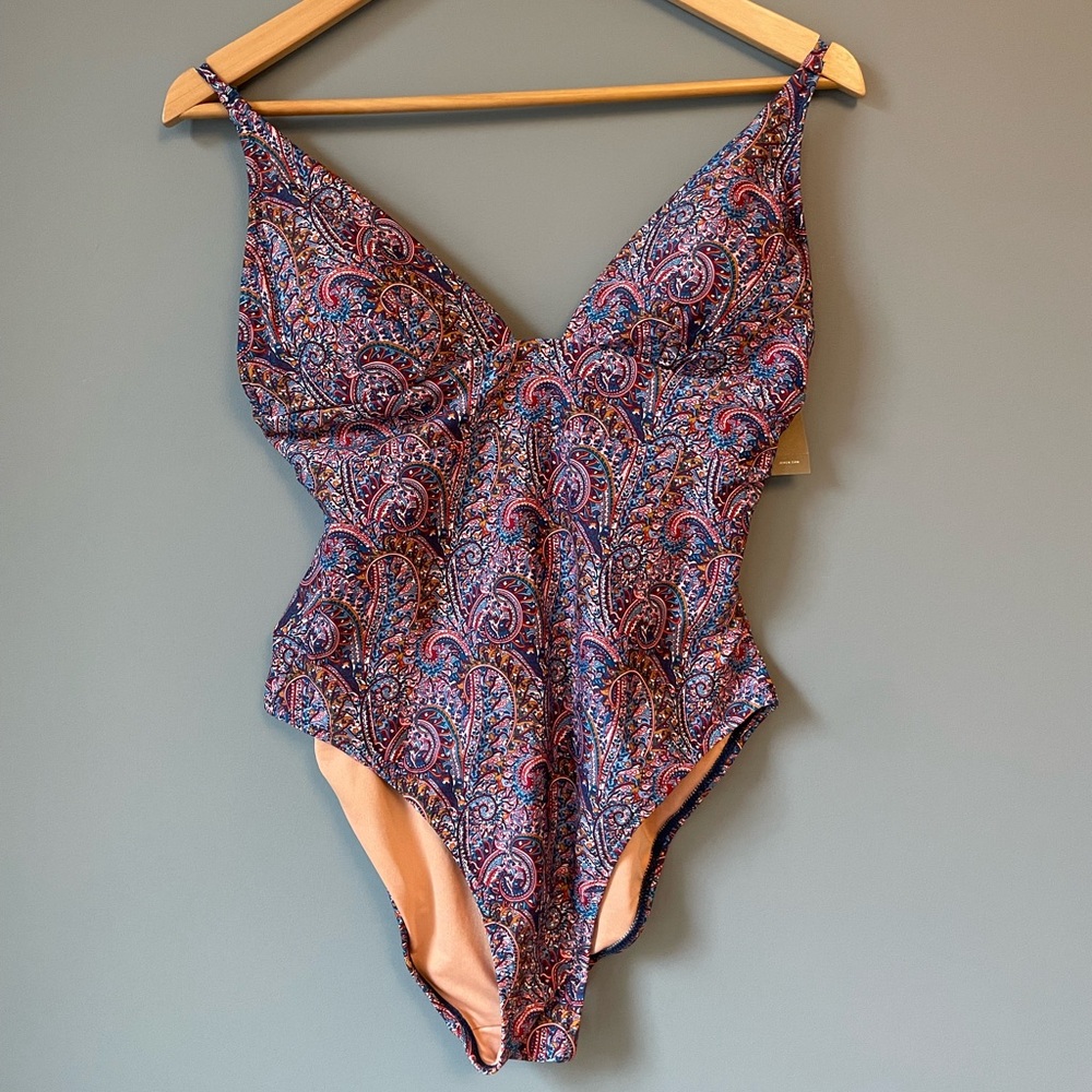 J Crew Plunge V-neck one-piece in Liberty Tropical Prince paisley.